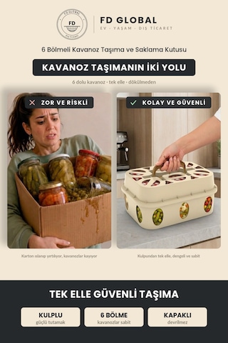 Defond 6 Bölmeli Kavanoz Taşıma Ve Saklama Kutusu Kulplu Mutfak Organizeri, Turşu Reçel Konserve Kavanozu Bej