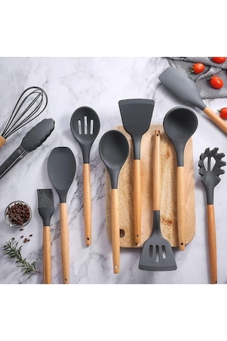 Fastbuy Silikon Mutfak Aksesuarı 12'li Set - Yapışmaz Pişirme Aleti - Haki Renk Haki