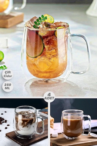 Mis Kitchen 4 Adet Kulplu Cidarlı Cam Çay Ve Kahve Bardağı 250 Ml