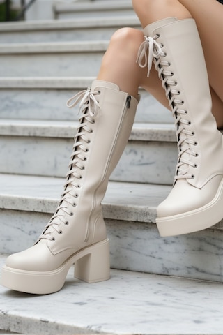 Ventes Kalın Taban Topuklu Fermuarlı Diz Altı Sade Bağcıklı Kadın Çizme TEN CİLT