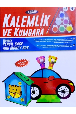 Vıp Kalite Maket Ahşap Kalemlik Ahşap Kumbara Seti 6 Akrilik Boya Seti Ahşap Arabalı Kalemlik