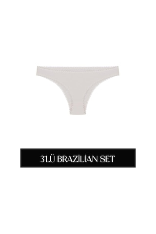 Cotvie Ekru Pamuklu Brazillian 3'lü Set Külot Ekru