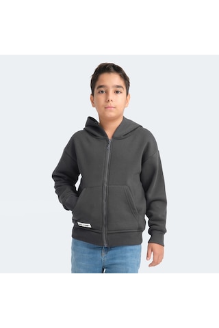 Slazenger LEKAN Çocuk Fermuarlı Kapüşonlu Cepli Koyu Gri Sweatshirt