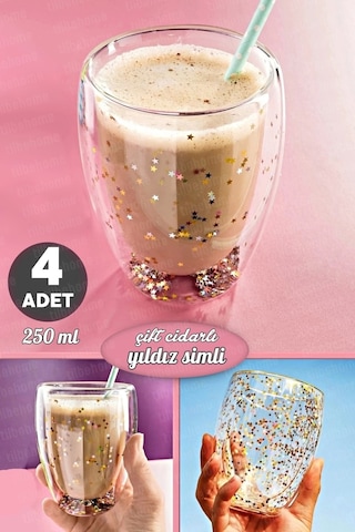 4'lü Çift Cidarlı Bardak Yıldız Simli Kahve Sunum Kokteyl Bardağı Isıya Dayanıklı Borosilikat 250ml