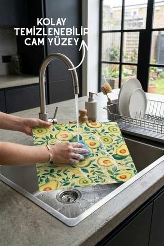 Avokado Desenli Cam Kesim Tahtası - 25x35cm -dayanıklı Ve Pratik Kesim Matı Yeşil