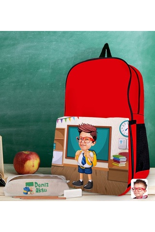 Bk Gift Kişiye Özel Erkek Öğrenci Karikatürlü Kırmızı Okul Çantası Ve Kalemlik Hediye Seti-4