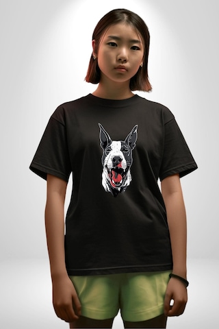 Doberman Kırmızı Dil Siyah Dik Kulak Pamuklu Bisiklet Yaka Kadın Erkek Oversize Boyfriend Dijital Baskılı Siyah T-shirt Siyah