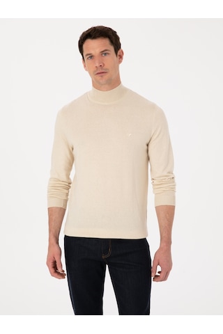 Cacharel Bej Slim Fit Pamuk Karışımlı Yarım Balıkçı Yaka Triko Kazak