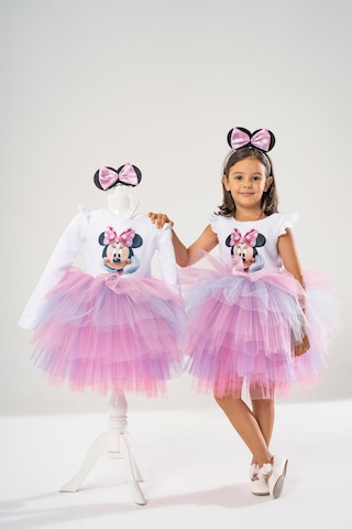 Minnie Mouse Uzun Kollu Doğum Günü Elbisesi Ve Parti Kostümü Beyaz