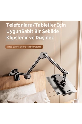 Polham Teleskopik Masaüstü Ve Yatak Bazası İçin Telefon Ve Tablet Tutucu Stand, Yükseklik Ve Açı Ayarlı Tablet Tutucu Siyah