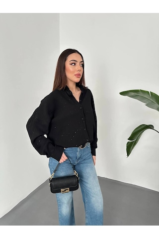Hopıan Kadın Siyah Taş Baskılı Keten / Dokulu Oversize Gömlek