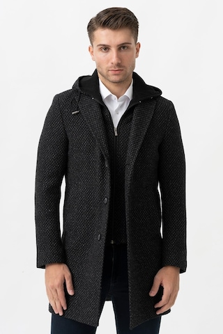White Stone Ancona 4024 Slim Fit Kapüşonlu Ceket Yaka Pamuklu Kaban Siyah-Siyah