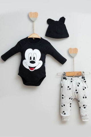 Mickey Desenli Şapkalı 3'lü Erkek Bebek Takımı Siyah