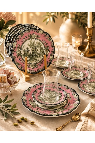 18 Parça 6 Kişilik Venora Pink Pasta Çay Saati Seti-7218 Çok Renkli