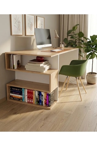 Modern Raflı Çalışma Masası Kitaplıklı Bilgisayar Masası Çok Amaçlı Ofis Ve Ders Çalışma Masası Meşe/beyaz Atlantik Çam - Beyaz