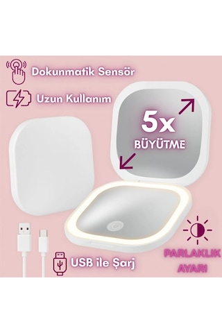 Işıklı Büyüteçli Cep Aynası, Makyaj Usb Şarjlı Katlanır Dokunmatik Led Seyahat El Makyaj Aynası Çok Renkli