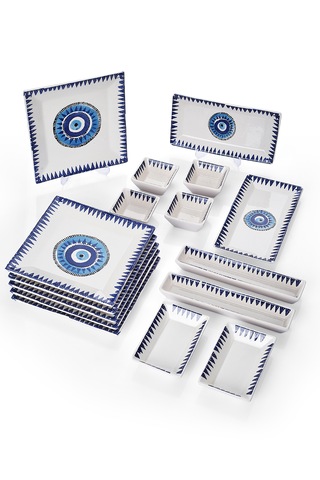 Piatti Naturali 16 Parça 6 Kişilik Nazar Kahvaltı Takımı Handmade Sunum Seti Mavi