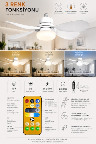 Kes473 Kumandalı Tavan Vantilatörü 3 Renk Fanlı Led E27 Duy 6 Kanatlı 52cm
