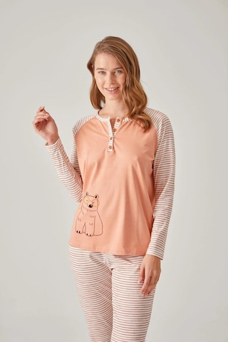 Pamuk & Pamuk Turuncu Çizgili Raglan Kol Baskılı Modal Pamuk Kadın Pijama Takımı Turuncu-beyaz
