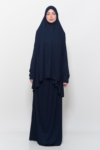 Pratik 2 Parça Pamuklu Yarasa Kollu Başörtülü Tesettür Namaz Elbisesi Koyu Lacivert Antrasit