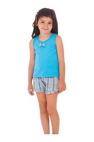The Don Aile Turkuaz Gri-Lacivert Ekose Kız Çocuk Şort Takımı (9-
