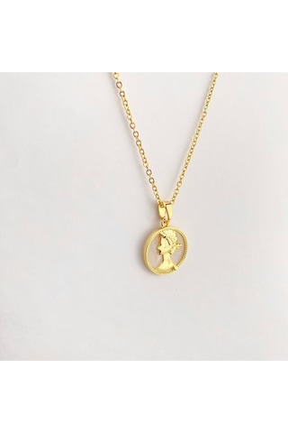 Kadın Kolye Kraliçe Madalyon Figürlü Altın Kaplama Gold 45cm Gold Beyaz