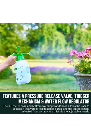 Lemestar Bahçe Bitkileri İçin Ayarlanabilir Basınçlı Sprey Botu - 2 Litre Beyaz Kase Yeşil Başlık, 1.3m Hortum, Akış Regülatörü Ve Kilitlebilir Tetik