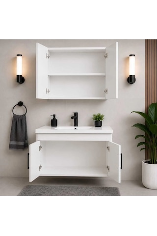 Modern Luna 65 cm Beyaz MDF Banyo Dolabı Takımı Aynalı Üst Modül ve Seramik Lavabolu