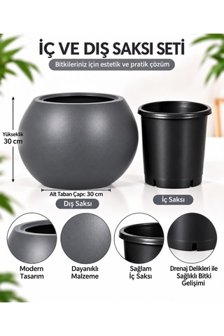 Antrasit Yuvarlak Dekoratif Saksı Seti İçlikli Büyük Boy 27 Litre Dış Saksı 9,5 Litre İç Saksı -