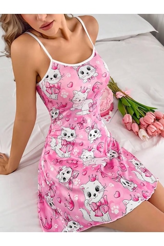 Kadın Pembe Kedi Desenli Gecelik Pembe