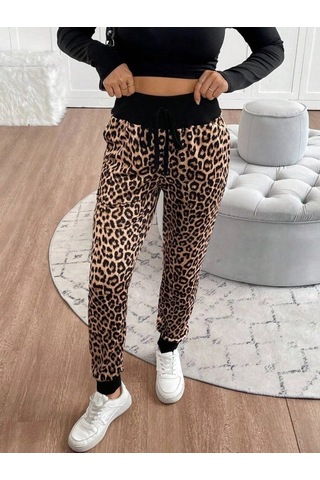 Zennamoda Kadın Yüksek Bel Bağcıklı Desenli Iki Iplik Pantolon Leopar