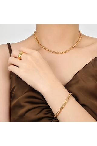 Çelik Takı Seti Bileklik Kolye Burgu Zincir Model 3 Mm Kalınlık 18-55 Cm Uzunluk Altın Sarısı Gold Altın