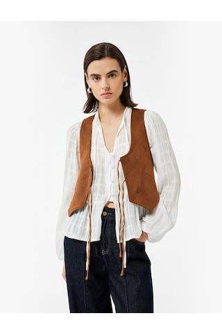 Koton Slim Fit Önden Bağlama Detaylı Fiyonklu Suni Süet Crop Yelek Açık Kahverengi 6wak20301ew Açık Kahve