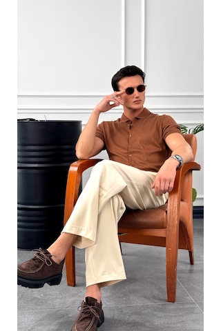 Modefendi Slim Fit Polo Yaka Triko Pamuk Kısa Kollu Gömlek Kahverengi