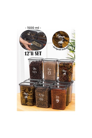 Vienev Beyaz Serigrafi Etiketli 12li Peggy Dikdörtgen Saklama Kabı Seti 1500 Ml Antrasit