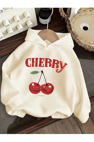 Uyguntarz Happy Cherry Baskılı Oversize Çocuk Sweatshirt Bej