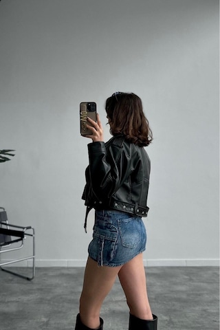 Yeni Sezon Oversize Kadın Siyah Biker Deri Ceket Siyah