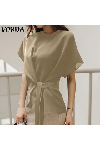 Bej Vonda Yaz Kadın Kısa Kollu Bisiklet Yaka Tunik Üstleri Rahat Düz Renk Pilili Bluz T-shirt S-5xl