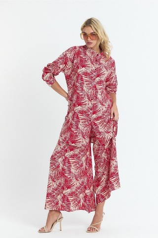 Schık Kadın Viskon Rahat Bol Paça Truvakar Kol Önü Düğme Baskılı Takım Kırmızı