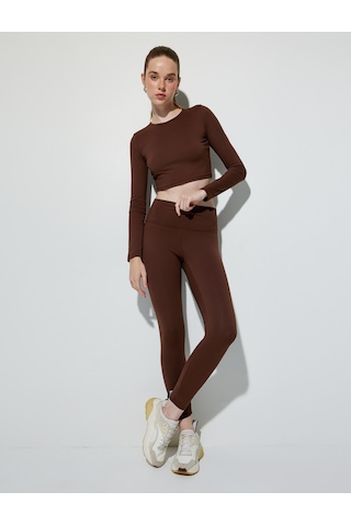 Koton Crop Spor Tişört Bisiklet Yaka Uzun Kollu Yumuşak Tuşe Slim Fit Kahverengi 5wak10302nk Kahve