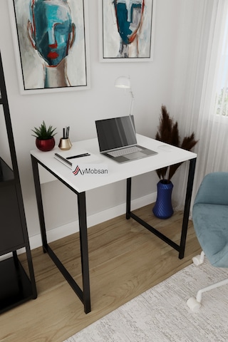 Selin Metal Ayaklı Çalışma Masası Beyaz Suntalam, Siyah Ayak, Modern Ofis & Ev Masası Beyaz