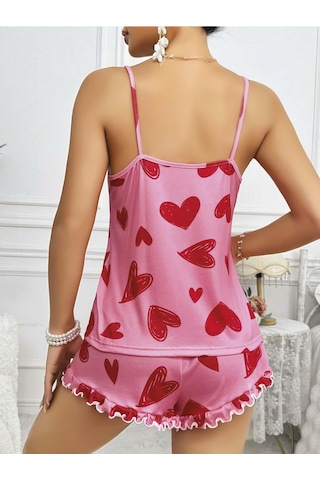 Kadın Pembe Kalp Baskılı Şortlu Gecelik Pijama Takımı 5050 Pembe