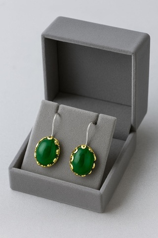 Lale Serisi El İşi Yeşil Akik Taşlı Gümüş Kadın Küpe Gümüş