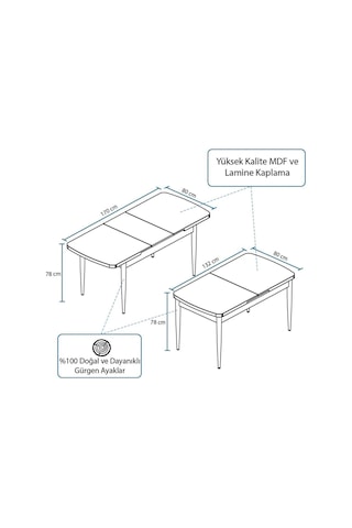 Zümra Serisi, 80x132 Açılabilir Beyaz Mermer Desen Mdf Mutfak Masası, Yemek Masası
