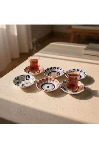 Fecra Acem 6'lı Çay Tabağı Seti Mix 3232 Kırmızı - Mavi