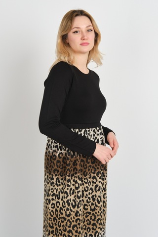 Sistas Kadın Leopar Desenli Yanları Yırtmaçlı Bisiklet Yaka Elbise 24922 Kahve-bej Kahve-bej