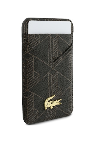 Lacoste Orjinal Lisanslı 2 Hazneli Pvc Karışık Monogram Desenli Magnetik Kartlık Kahverengi