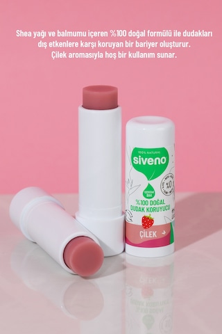 Siveno %100 Doğal Dudak Koruyucu Çilek Bitkisel Lip Balm Dudak Kremi Nemlendirici Parlatıcı Onarıcı 6 G