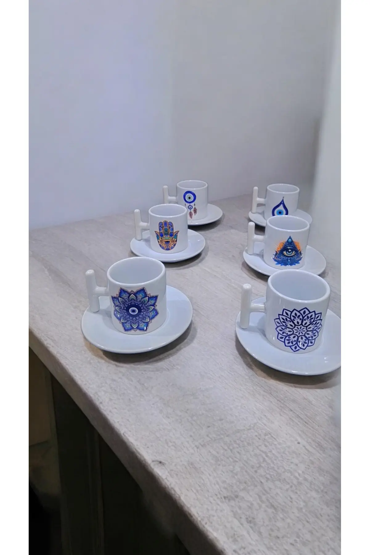 Nazar Boncuklu 90 Ml Özel Güne Özel Tasarım Hediyelik Beyaz T-kulplu 6 Kişilik Türk Kahve Fincanı Takımı
