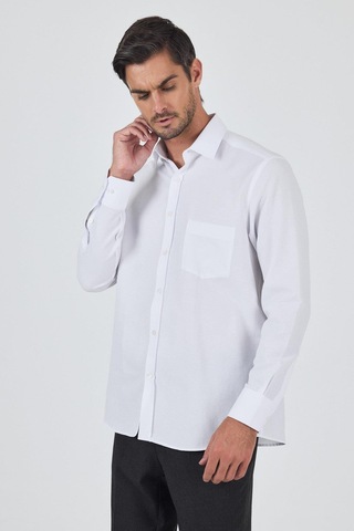İmza Uzun Kol Desenli Armürlü Sert Yaka Cepli Pamuklu Classic Comfort Fit Gömlek 1004250187 Beyaz